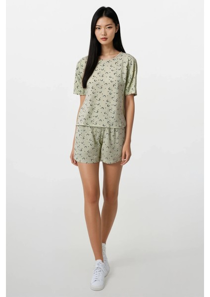 Kadın Sarı Panda Kingdom Soft Doku Bisiklet Yaka Üst Şort Pijama Takım