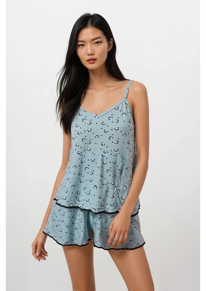 Kadın Mint Panda Kingdom Soft Doku Ip Askılı Üst Şort Pijama Takım