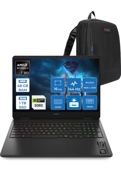 Omen Gaming Laptop Amd Ryzen™ Aı 7 350 48GB Ddr5 1tb SSD 8GB/RTX5060 Gddr7 16" 144 Hz, IPS 300 Nits IPS 2k (1920 x 1200 Freedos Gaming BILG.BL6W4EAF13+ZETTAÇANTA