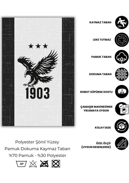 Karakartal Siyah Beyaz Halı Dijital Baskılı Dokuma Kaymaz Tabanlı Yıkanabilir Antre Halısı Antialejik Geçn Taraftar Halısı Beşiktaş Temalı Halı indirimleri