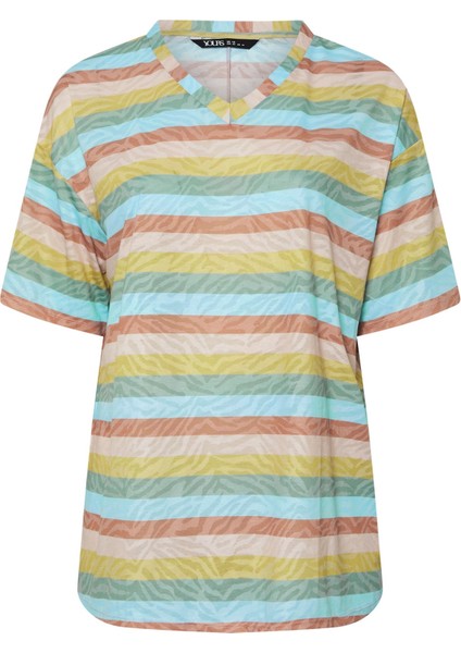 Büyük Beden V Yaka Çizgili Zebra Desenli T-Shirt 303953