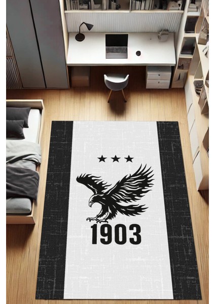 Siyah Beyaz Çarşı Karakartal Taraftarhalısı Dijital Baskılı Dokuma Kaymaz Tabanlı Yıkanabilir Çalışma Odası Halısı Beşiktaş Futbol Halısı