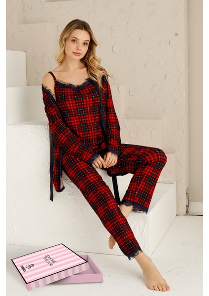 Sabahlıklıklı 3 Parça Çeyizlik Kutulu Kadın Pijama Takımı- Dantelli Kutulu Kadın Pijama- Geniş Beden Aralığı