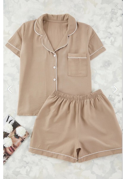 Büyük Beden Kısa Kollu Dokuma Gömlek Pijama Takımı- Geniş Beden Aralığı -