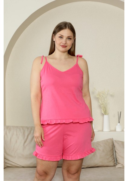 %100 Pamuk Ip Askılı Büyük Beden Şortlu Kadın Pijama Takımı- Geniş Beden Aralığı
