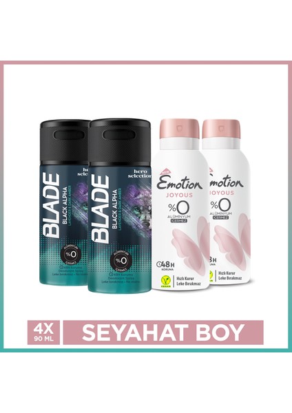 Joyous Kadın Deodorant & Blade Black Alpha Erkek Deodorant 4 x 90 ml Seyahat Seti