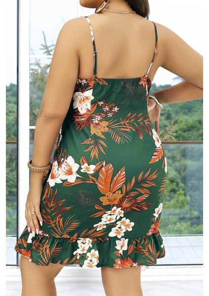 Büyük Beden Yeşil Üstüne Çiçek Desenli Ince Askılı Fırfırlı Gecelik fiyatları