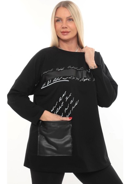 Rahat Kalıp Büyük Beden Kadın Bluz Uzun Kollu Yazı Detaylı Cepli