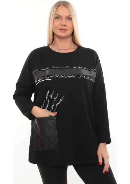 Rahat Kalıp Büyük Beden Kadın Bluz Uzun Kollu Yazı Detaylı Cepli modelleri