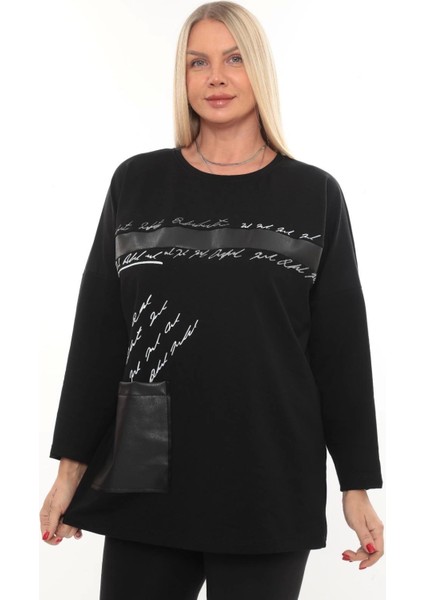 Rahat Kalıp Büyük Beden Kadın Bluz Uzun Kollu Yazı Detaylı Cepli fırsatları