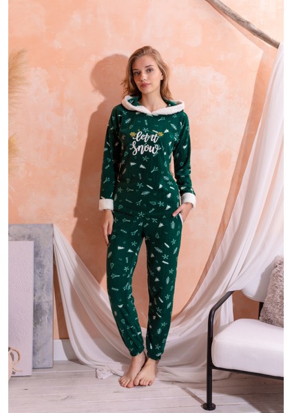 Kapüşonlu Kışlık Kadın Peluş Polar Pijama Takımı - Yeni Yıl Pijaması