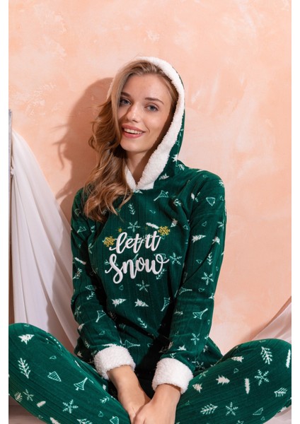 Kapüşonlu Kışlık Kadın Peluş Polar Pijama Takımı - Yeni Yıl Pijaması
