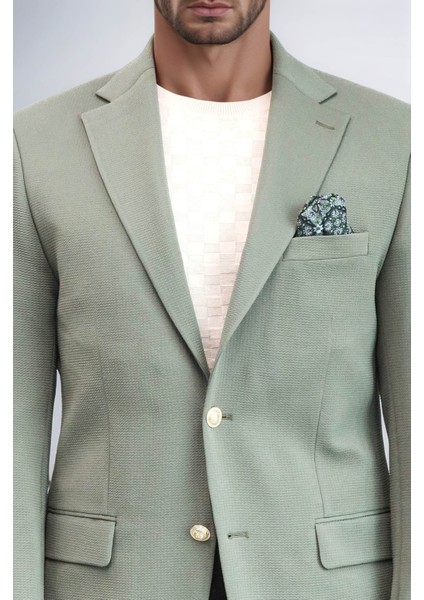Haki Yeşil Kendinden Desenli Örme Altın Renk Metal Düğmeli Slim Fit Erkek Blazer Ceket - Wessi fiyatları