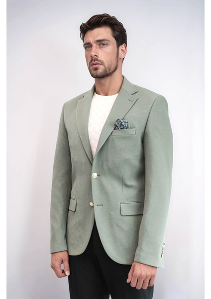 Haki Yeşil Kendinden Desenli Örme Altın Renk Metal Düğmeli Slim Fit Erkek Blazer Ceket - Wessi fırsatları