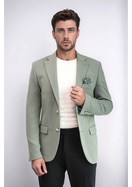Haki Yeşil Kendinden Desenli Örme Altın Renk Metal Düğmeli Slim Fit Erkek Blazer Ceket - Wessi