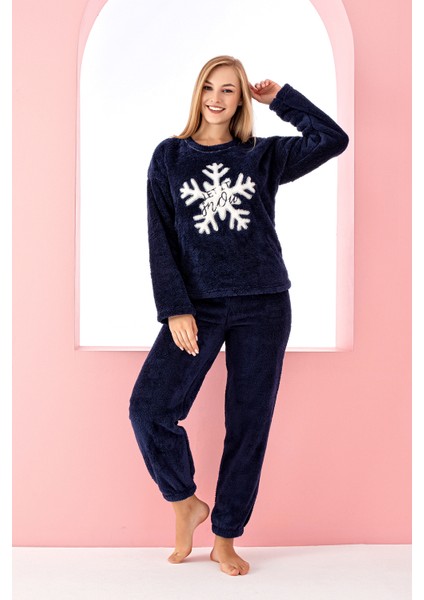 Nisanca Desenli Tam Peluş Kışlık Yılbaşı Kadın Pijama Takımı