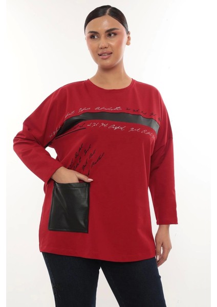 Rahat Kalıp Büyük Beden Kadın Bluz Uzun Kollu Yazı Detaylı Cepli