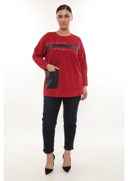 Rahat Kalıp Büyük Beden Kadın Bluz Uzun Kollu Yazı Detaylı Cepli fiyatları