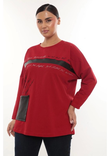 Rahat Kalıp Büyük Beden Kadın Bluz Uzun Kollu Yazı Detaylı Cepli indirimleri