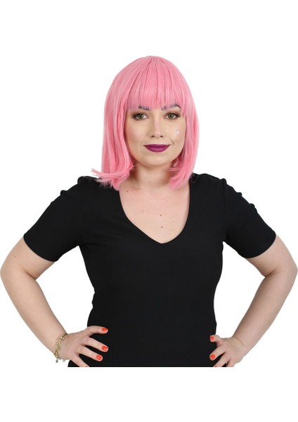 Küt Kahküllü Fiber Sentetik Peruk / Şeker Pembe