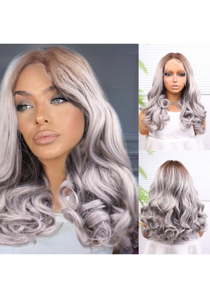 Açık Kumral Gri Ombreli Bebek Saçlı Geniş Dalgalı Fiber Sentetik Tül Peruk