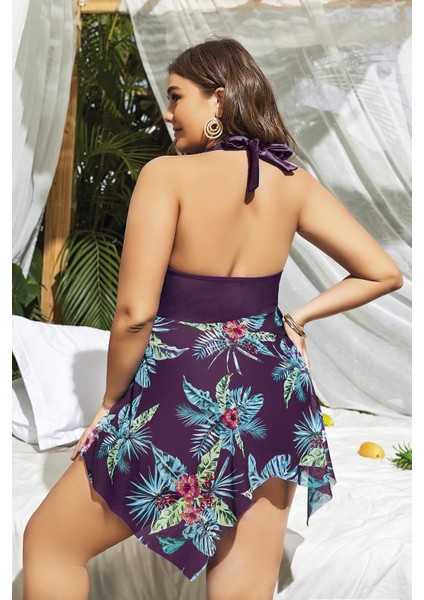 Büyük Beden Mor Üstüne Çiçek Desenli Boyundan Bağlamalı Elbise fiyatları