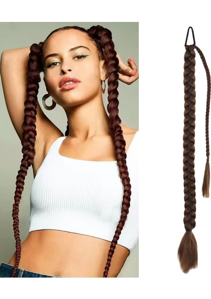 Üçlü Örgülü Tokalı Bağlamalı At Kuyruğu / Açık Kahve