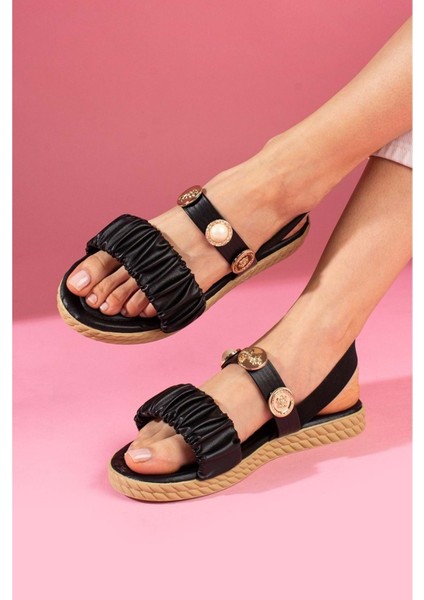 Inci ve Mühür Aksesuar Detaylı Bantlı Yazlık Sandalet Terlik - Siyah 01 - 37 fiyatları
