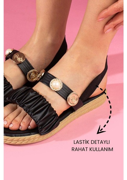Inci ve Mühür Aksesuar Detaylı Bantlı Yazlık Sandalet Terlik - Siyah 01 - 37 modelleri