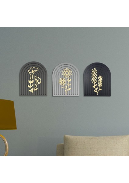 Gold Çiçek Detaylı Ahşap Gökküşağı Duvar Tablo Seti – Siyah Beyaz Gri 70X25 cm Dekoratif Set