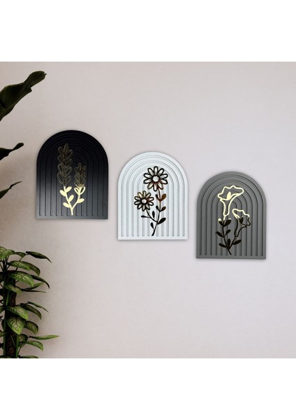 Gold Çiçek Detaylı Ahşap Gökküşağı Duvar Tablo Seti – Siyah Beyaz Gri 70X25 cm Dekoratif Set modelleri