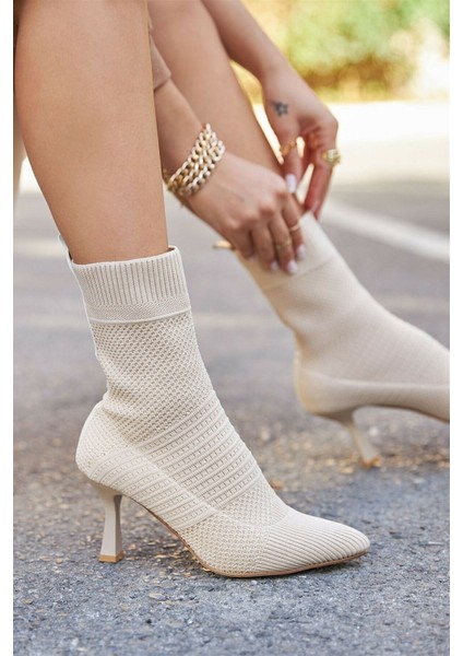 Kadın Sivri Burun Çizgili Örgü Triko Bot Ince Topuklu Ayakkabı Çorap Şeritli Bağcıksız 169
