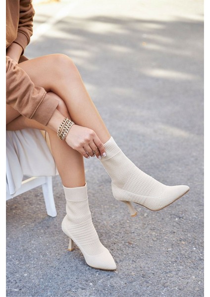 Kadın Sivri Burun Çizgili Örgü Triko Bot Ince Topuklu Ayakkabı Çorap Şeritli Bağcıksız 169 fiyatları