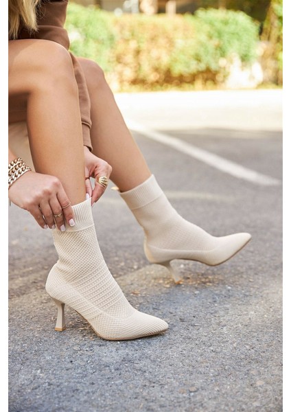 Kadın Sivri Burun Çizgili Örgü Triko Bot Ince Topuklu Ayakkabı Çorap Şeritli Bağcıksız 169 modelleri