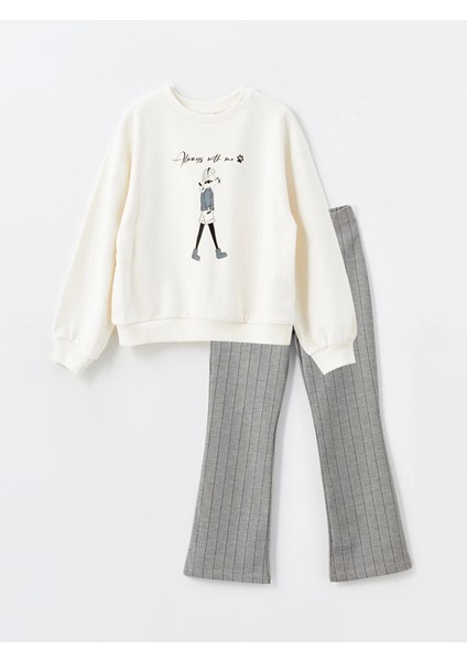 Lcw Kids Ekru Bisiklet Yaka Baskılı Uzun Kollu Kız Çocuk Sweatshirt ve Tayt