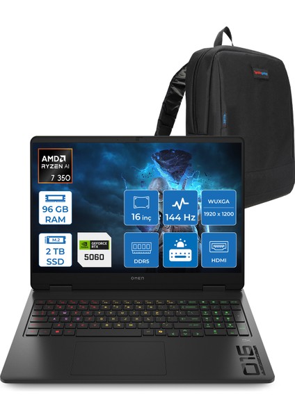 Omen Gaming Laptop Amd Ryzen™ Aı 7 350 96GB Ddr5 2tb SSD 8GB/RTX5060 Gddr7 16" 144 Hz, IPS 300 Nits IPS 2k (1920 x 1200 Freedos Gaming BILG.BL6W4EAF29+ZETTAÇANTA