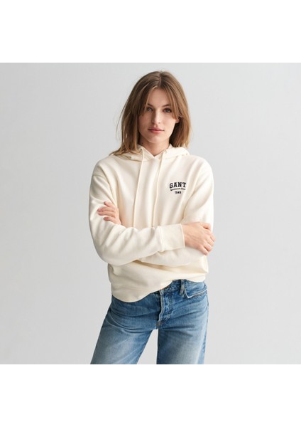 Kadın Krem Relaxed Fit Kapüşonlu Logolu Sweatshirt