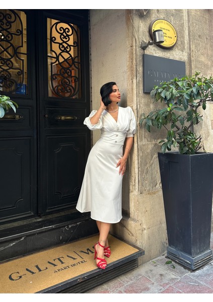 Karpuz Kol Önü Düğmeli Midi Elbise fiyatları