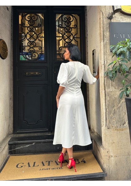 Karpuz Kol Önü Düğmeli Midi Elbise indirimleri