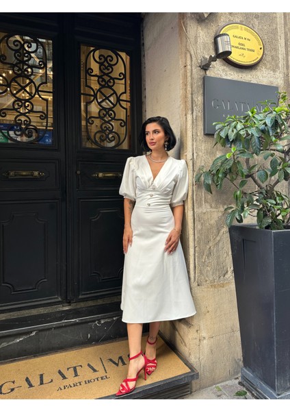 Karpuz Kol Önü Düğmeli Midi Elbise