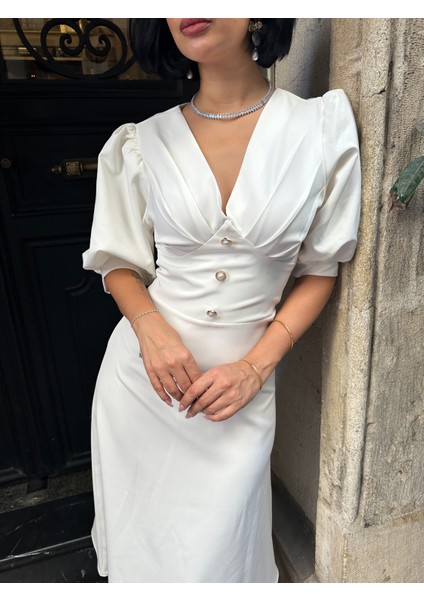 Karpuz Kol Önü Düğmeli Midi Elbise