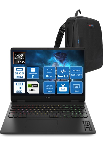 Omen Gaming Laptop Amd Ryzen™ Aı 7 350 32GB Ddr5 1tb SSD 8GB/RTX5060 Gddr7 16" 144 Hz, IPS 300 Nits IPS 2k (1920 x 1200 WIN11HOME Gaming BILG.BL6W4EAH08+ZETTAÇANTA