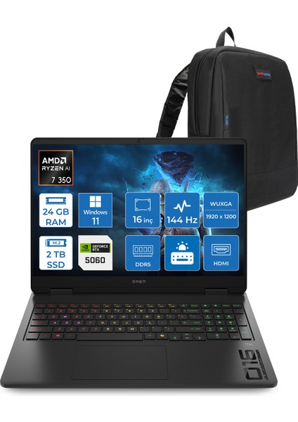 Omen Gaming Laptop Amd Ryzen™ Aı 7 350 24GB Ddr5 2tb SSD 8GB/RTX5060 Gddr7 16" 144 Hz, IPS 300 Nits IPS 2k (1920 x 1200 WIN11PRO Gaming BILG.BL6W4EAP04+ZETTAÇANTA