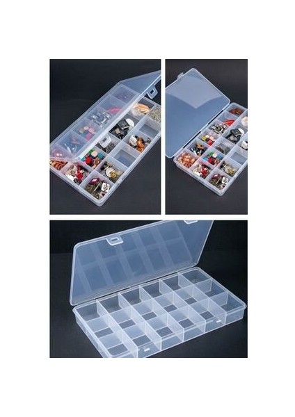 18 Bölmeli Şeffaf Plastik Takı Düzenleyici Kutu - Dayanıklı ve Pratik Kullanım, 26x15x3 cm modelleri