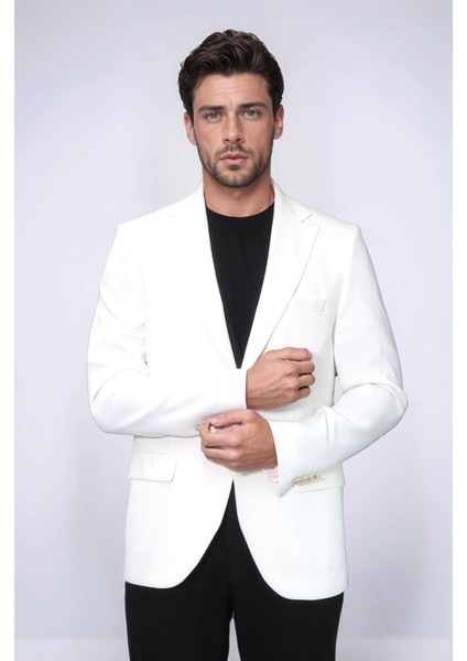 Ekru Kedinden Desenli Örme Altın Renk Metal Düğmeli Slim Fit Erkek Blazer Ceket - Wessi