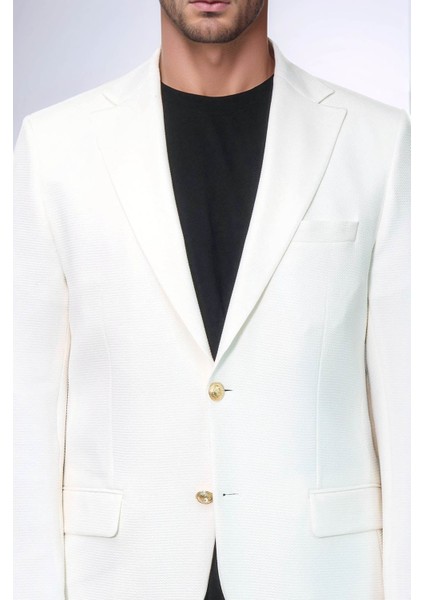 Ekru Kedinden Desenli Örme Altın Renk Metal Düğmeli Slim Fit Erkek Blazer Ceket - Wessi fiyatları