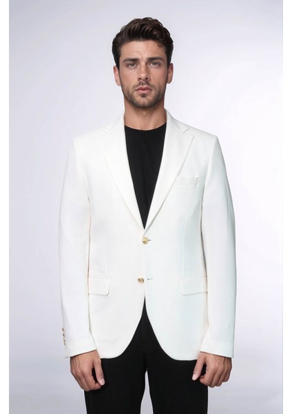 Ekru Kedinden Desenli Örme Altın Renk Metal Düğmeli Slim Fit Erkek Blazer Ceket - Wessi modelleri