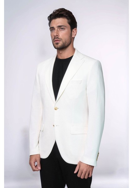 Ekru Kedinden Desenli Örme Altın Renk Metal Düğmeli Slim Fit Erkek Blazer Ceket - Wessi fırsatları
