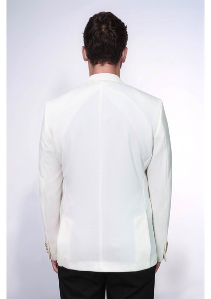 Ekru Kedinden Desenli Örme Altın Renk Metal Düğmeli Slim Fit Erkek Blazer Ceket - Wessi indirimleri