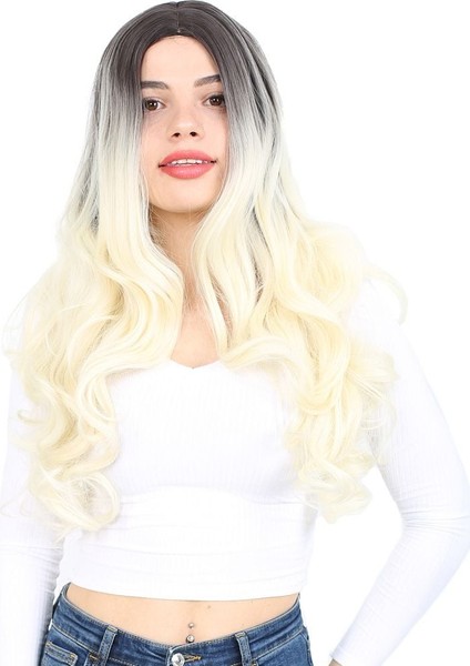 Yoğun Dalgalı Fiber Sentetik Uzun Perçemsiz Peruk / Küllü Siyah / Platin Ombreli